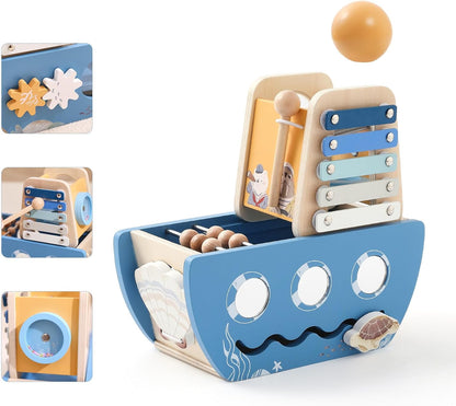 Promise Babe 5-in-1 Baby Wooden Activity Cube, Sea Ocean Montessori Toddler Toys for 1+ Year Old Boys Girls Gifts, Educational Learning Boat Toys for 1st Birthday Gifts for Kids