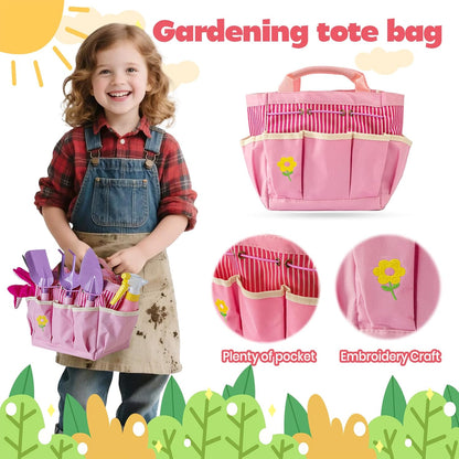 JOI MEW Kids Gardening Tools Set, Garden Toys w/Wooden Handle Alloy Rake,Fork,Trowel, Watering Can,Gloves,Tote Bag,Plant pots, DIY Bookmark Kits, Spring Summer Toy Outdoor Gift for Toddler Boy Girl