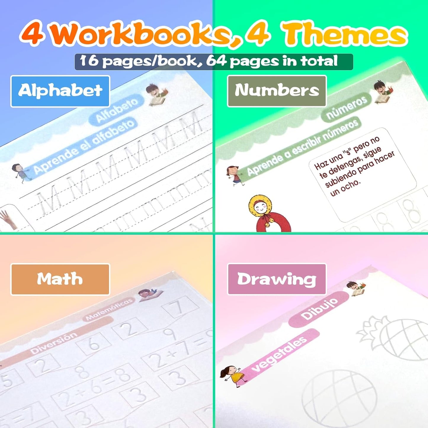 4 Magic Grooved Writing Practice for Kids - English Pre K Tracing Practice Book, Reusable Preschool Handwriting Workbooks Without Tears, 4-Theme Copybooks with Pen Refill for Age 3-10 (English, Small)