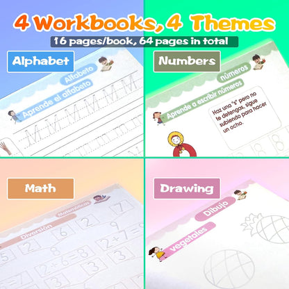 4 Magic Grooved Writing Practice for Kids - English Pre K Tracing Practice Book, Reusable Preschool Handwriting Workbooks Without Tears, 4-Theme Copybooks with Pen Refill for Age 3-10 (English, Small)