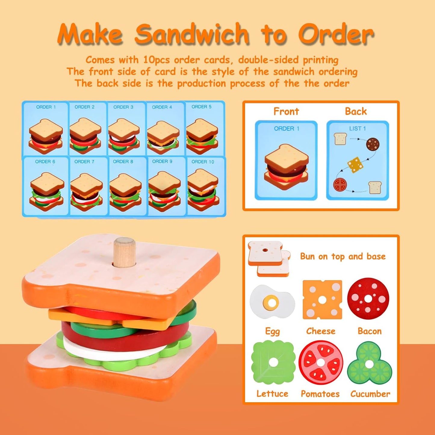 Montessori Toys for 2, 3 Year Old, Wooden Burger Sandwich Stacking Toys for Toddler Educational Toys Fine Motor Skills Foods Preschool Learning Blocks Gifts Boys Girls