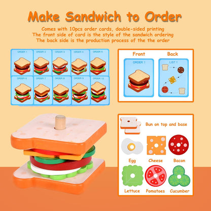 Montessori Toys for 2, 3 Year Old, Wooden Burger Sandwich Stacking Toys for Toddler Educational Toys Fine Motor Skills Foods Preschool Learning Blocks Gifts Boys Girls