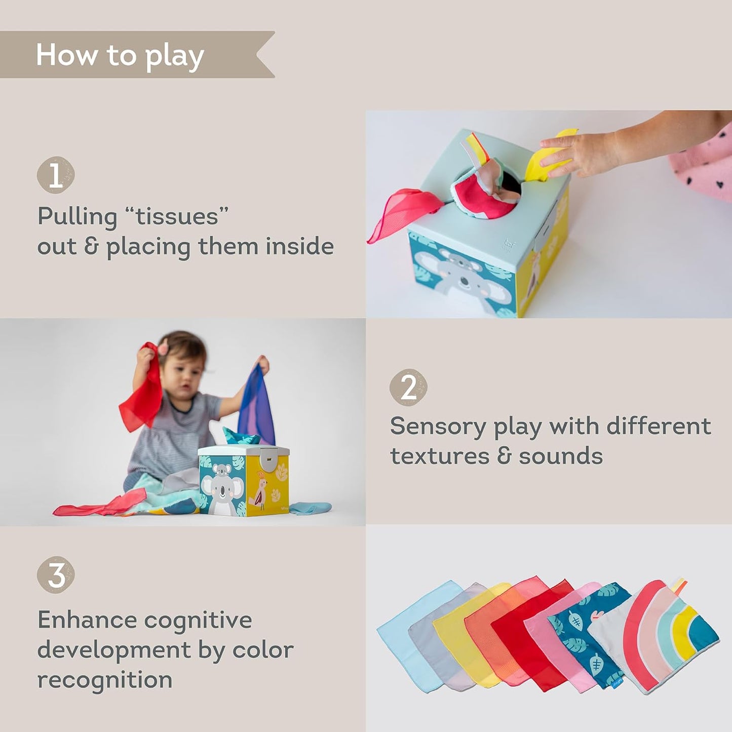 Taf Toys Baby Tissue Box Toy Silicone Baby Toys 6-12 Months Montessori Toys Sensory Activity & 10 Tissues for Fine Motor Development Soft Interactive Silicone Learning Cube for 1 Year Old Toddlers