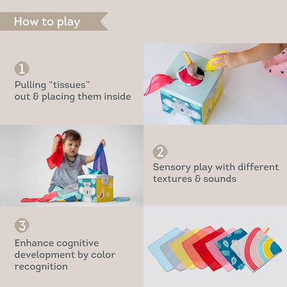 Taf Toys Baby Tissue Box Toy Silicone Baby Toys 6-12 Months Montessori Toys Sensory Activity & 10 Tissues for Fine Motor Development Soft Interactive Silicone Learning Cube for 1 Year Old Toddlers