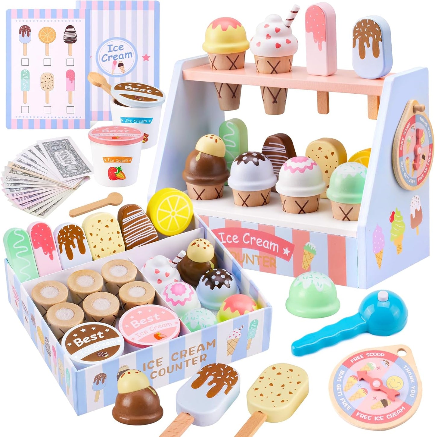 Ehome Wooden Ice Cream Toys Set Pretend Play Food Store for Kids Serve Ice Cream Counter Shop Kitchen Playset with Lucky Wheel, Scoop, Menu, Fake Money for Boys and Girls Ages 3 4 5 6 Birthday Gift