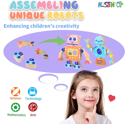 Wooden Snap Together Building Toys, STEM Blocks Toys, 28 Pcs Robot Take Apart Toys Playset, Montessori Educational Fine Motor Skill Toy, Gift for 3 4 5 6 7 8 Years Old Kids