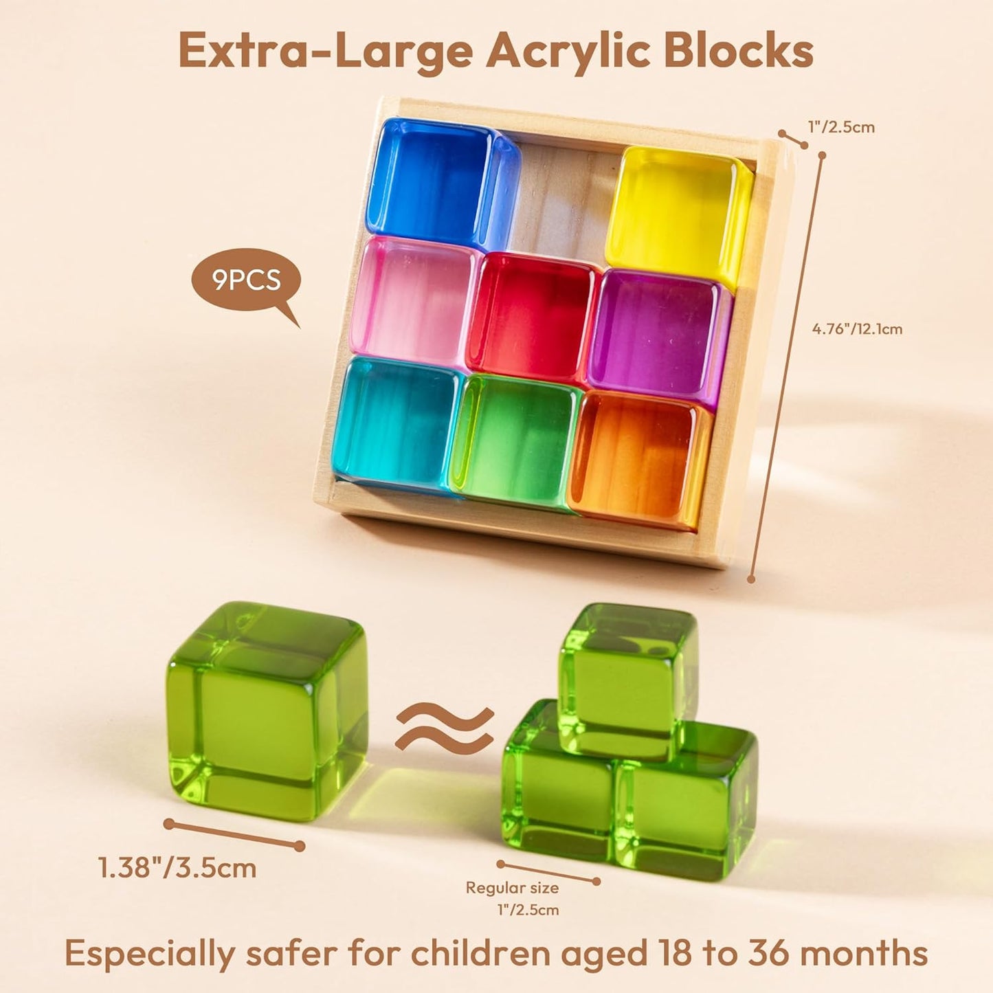 Woodtoe Large Building Blocks for Toddlers, Montessori Toys for 1 2 3 Year Old Boy Girl, No Choking Hazard Toys for Age 2-4 Kids Baby, Rainbow Acrylic Block Set, Sensory Birthday Toy Gifts for Kid