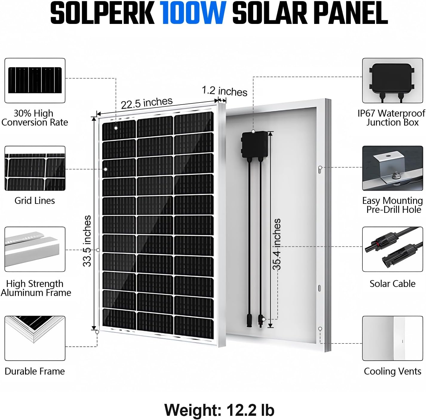 SOLPERK Solar Panel Kit 50W 12V, Waterproof Solar Battery Trickle Charger Maintainer + Waterproof Controller + Adjustable Mount Bracket for Boat Car RV Motorcycle(Without Mounting Bracket)