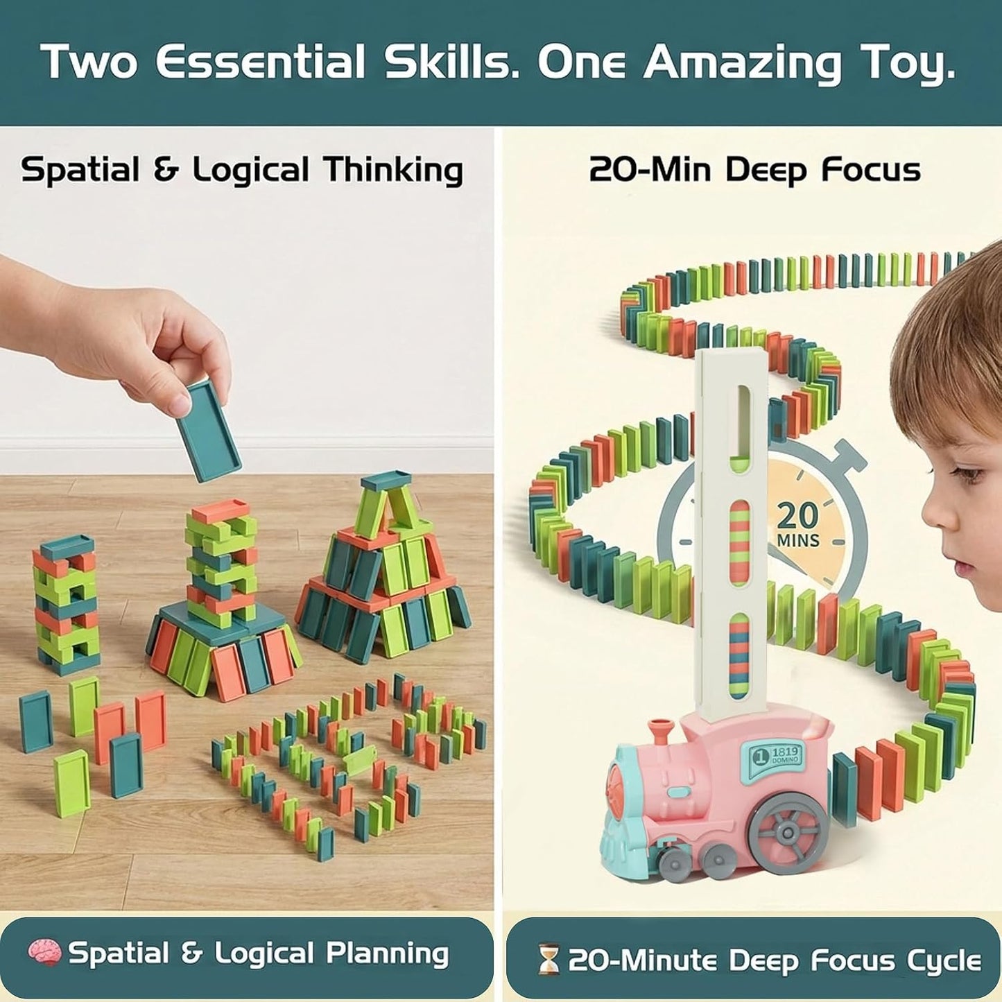 PREPHY Domino Train Toys Kids Games - Automatic Stacking Creative Game 3+ Year Old - Stem Montessori Toy for Boys 4-6 - Summer Autistic Christmas Birthday Gifts 5 6 Toddler Ages 4-8