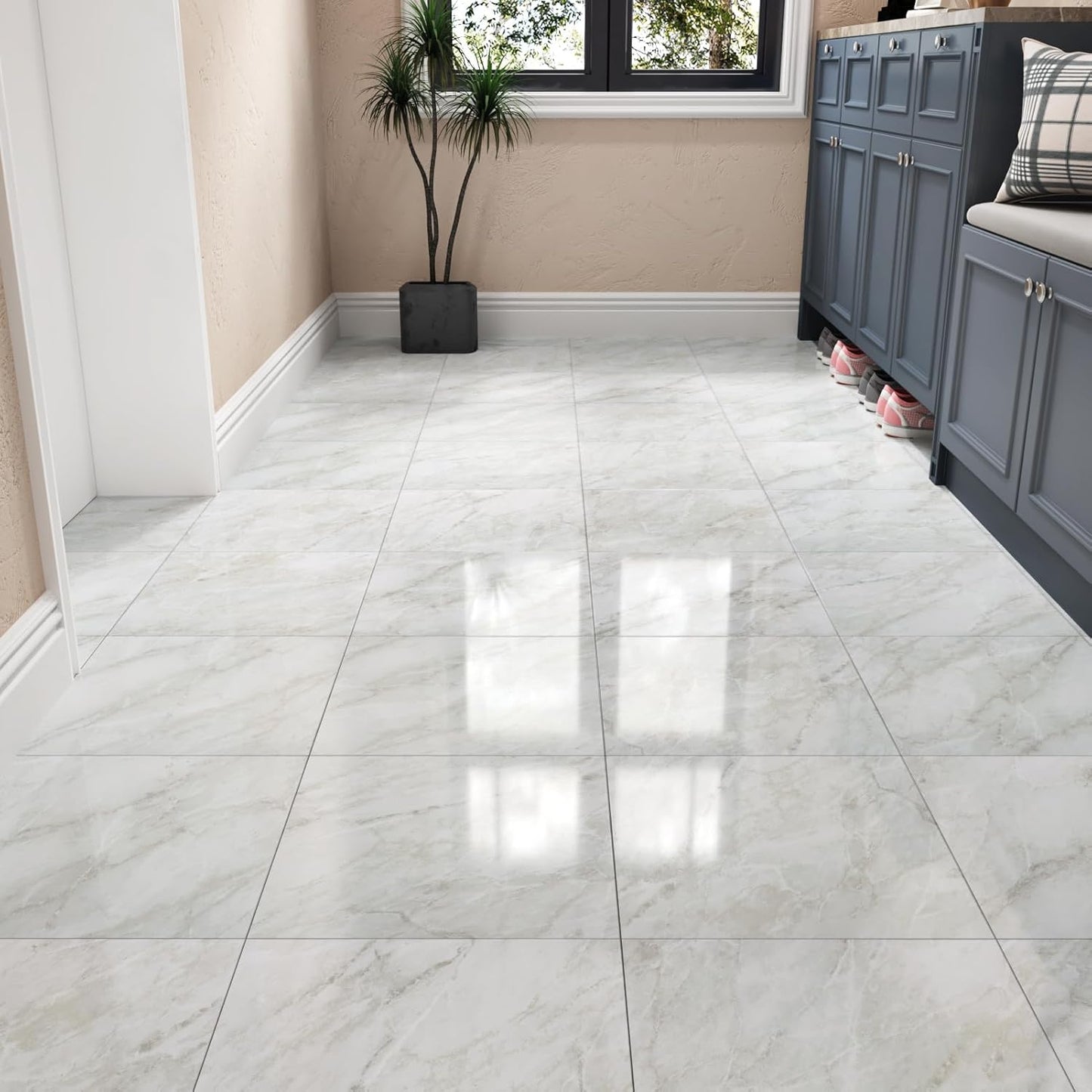 Wallercity White Marble Peel and Stick Vinyl Floor Tiles 6-Pack 12x12 Inches Self Adhesive Waterproof Flooring Planks for Bathroom Kitchen Bedrooms Stick on Floor Tiles Laminate Sheets Vinyl Flooring
