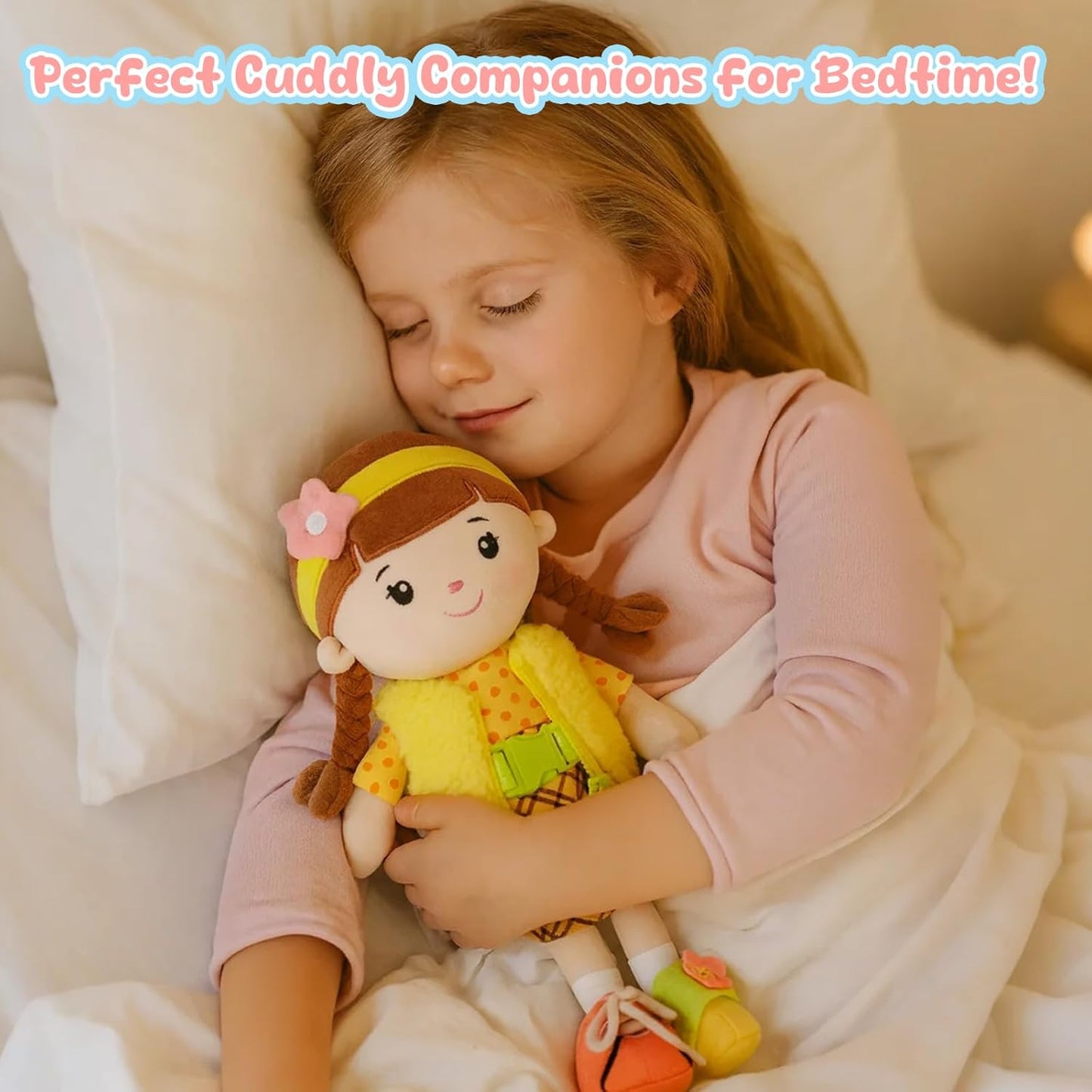 Soft Baby Doll Toys,16 inch Educational Plush Doll for Girls Learning Sensory Montessori Toy Birthday Gifts Cuddly Plush Toys for Toddler Kids (Yellow)