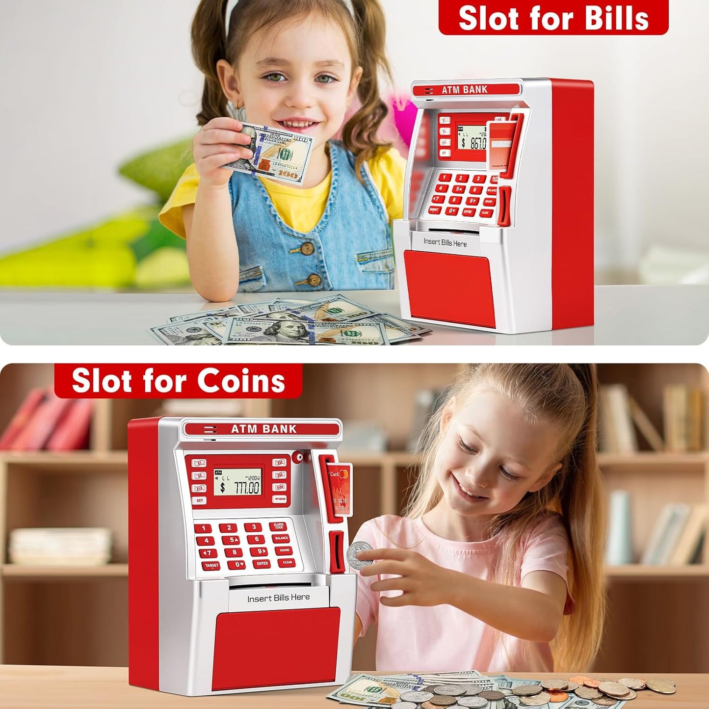 BAODLON Piggy Bank for Kids, ATM Machine Bank for Real Money with Debit Card, Bill Feeder, Coin Recognition, Balance Calculator, Electronic Savings Safe Box, Cool Stuff Toys Gifts for Teen Boys Girls