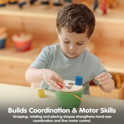 PlanToys® Geo Sorting Bucket | Wooden Shape Matching Toy for Toddlers 12M+ | Montessori Educational Sorting Toy with 3D Blocks | Develops Shape Recognition, Problem-Solving & Fine Motor Skills