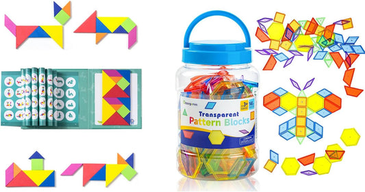 Magnetic Travel Tangram – 2 Sets Tangram - 140 Pcs Translucent Pattern Blocks - Educational Manipulatives and Accessories - Fun and Engaging Geometric Shapes