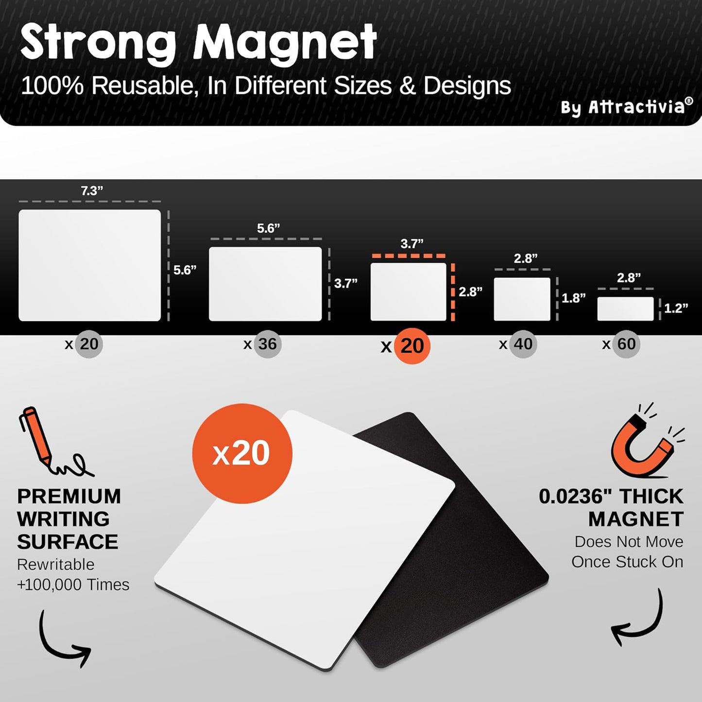 Attractivia Dry Erase Magnetic Labels 7.3 x 5.6 in, Dry Erase Magnets, 20-Pack, White Erasable Write-On All-Purpose Labels, for Office, Education, Home, Whiteboard