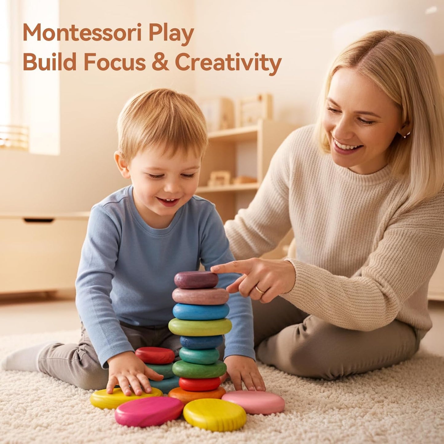 OESSUF Stacking Rocks 48Pcs Stacking Blocks Balancing Stacking Stones Wooden Building Toys Wood Stone Stacking Game for Toddler Sorting Preschool Educational Montessori Stacking Rocks for Kids