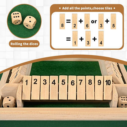 1-4 Players Shut The Box Dice Game, 10 Numbers Traditional Wooden Pub Bar Board Family Table Mat Game Dice for Adults