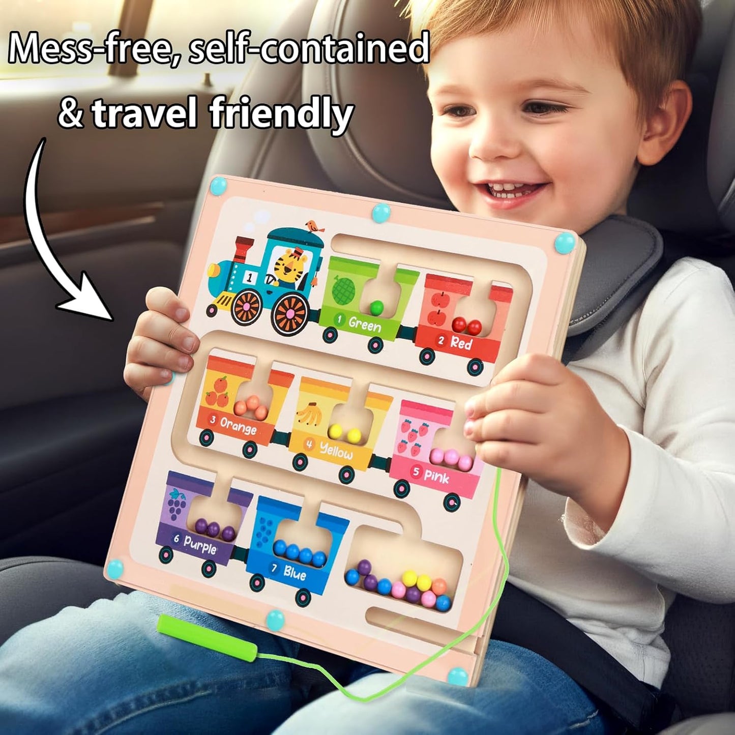 QimuMku Montessori Busy Board for Toddlers 2-4 - Magnetic Color and Number Maze Wooden Ice Cream Matching Game 1-6 Counting Learning Toys for Boys Girls Road Trip Essentials