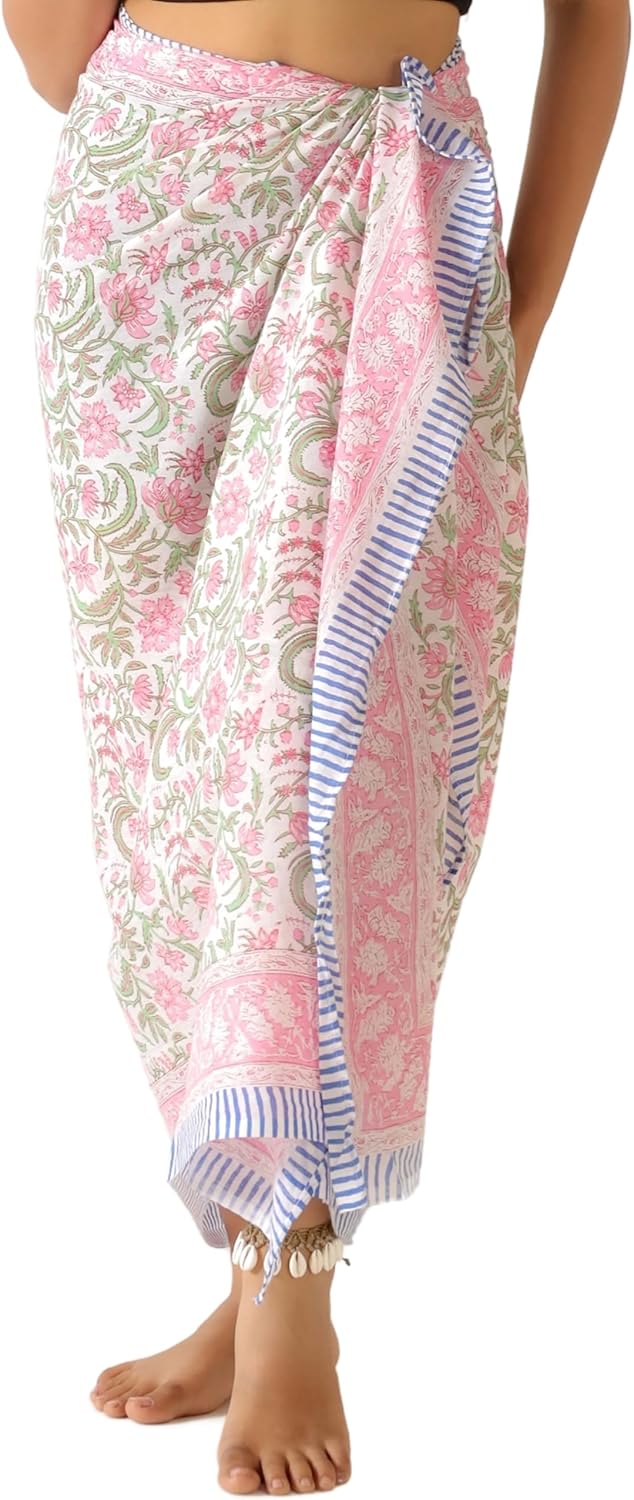100% Cotton Sarong Cover Up for Women Indian Block Print Beach Wrap Skirt Long Boho Swimsuit Bikini Pareo (73” x 43”)