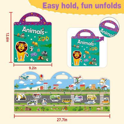 FUNCLASS 4 Pack Reusable Sticker Books for Toddlers 3,Toddler Sticker Books for Travel,Quiet Sticker Books for Kids,Kids Jelly Sticker Books with Animal,Dinosaur,Vehicles,Farm,Toddler Birthday Gifts