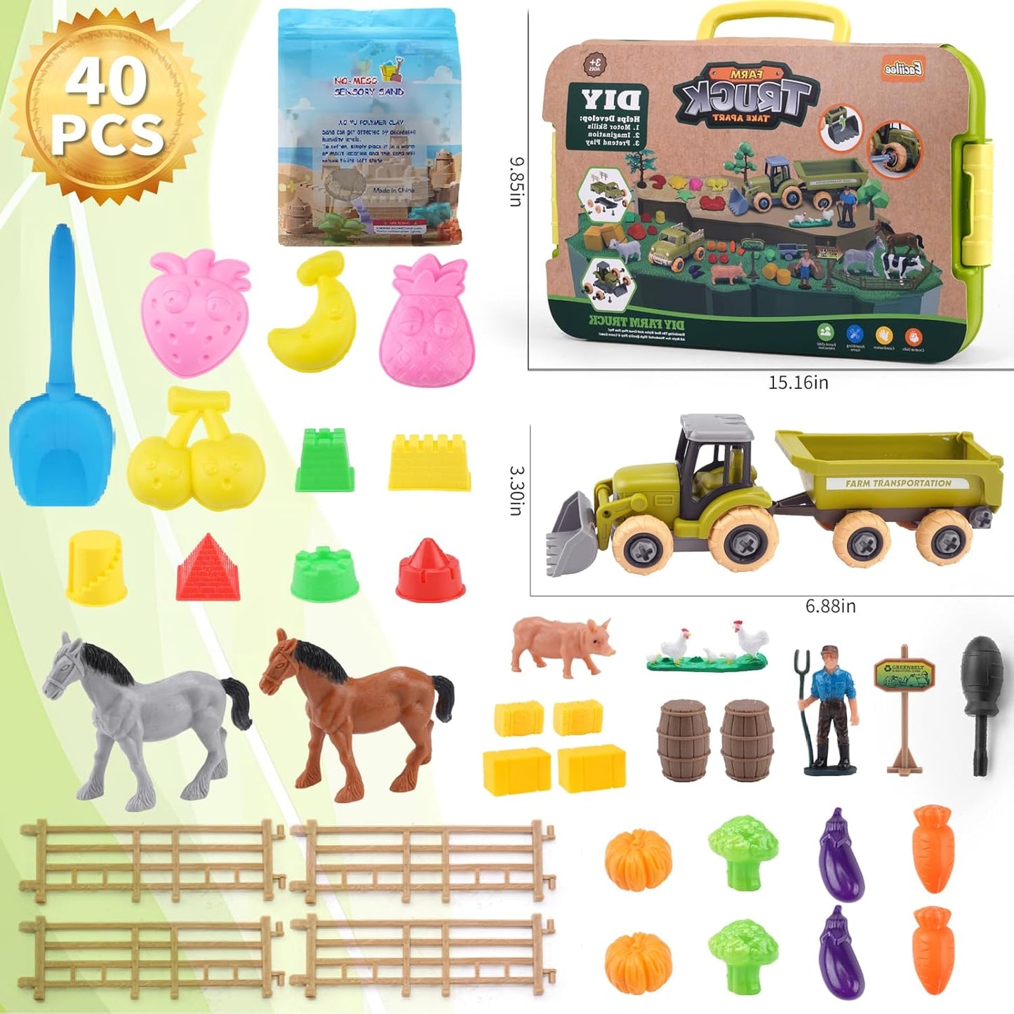 Eaciilee Play Sand Farm Toys, Farm Sensory Bins with 2.2lb Magic Sand, Animal, Take Apart Excavator Trailer Playset, Creativity Sandbox Toys with Lid for Kids 3 4 5 6 Years Old
