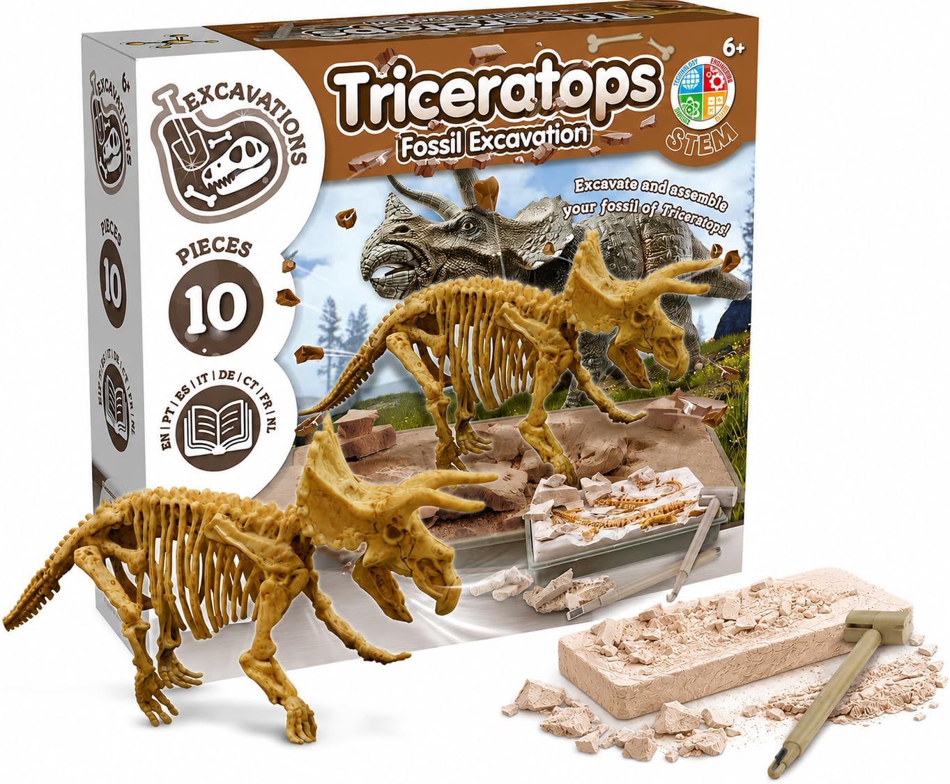 Science4you Triceratops Dinosaur Fossil Digging Kit - Excavate and Assemble 10 Dino Bones, Dinosaur Archeology and Paleontologist Toys, Games, Gifts for Boys and Girls Age 6 7 8 9 10+