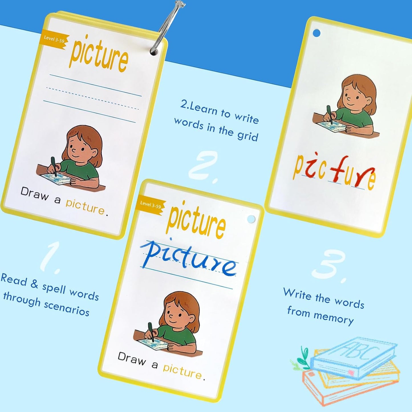 CVC Word Games&Writing Practice Card,300 Sight Words Flash Cards for Kindergarten & Toddlers-5 Levels Learning Cards with Picture Sentences Include 5 Dry Erase Markers & Rings
