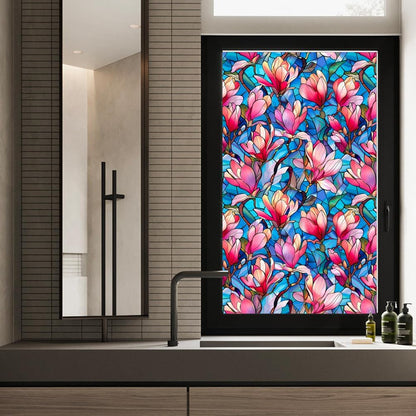 JOONOR Privacy Window Film Stained Glass Window Sticker Non-Adhesive Frosted Glass Film Decorative Magnolia Flower Pattern Static Cling Decals for Home UV Blocking/Heat Insulation 17.7 x 39.4 Inch
