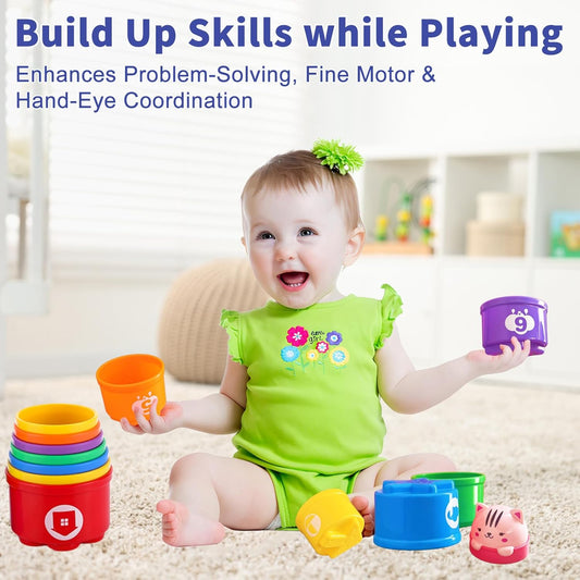 WEEJOYGAM Baby Stacking Cups, Nesting Stacking Toys for Toddlers 1-3 with Light and Sound, Montessori Toys for 1 Year Old Babies 6-12 12-18 Months Easter Gift Color Stack Bath Beach Blocks Rainbow Set
