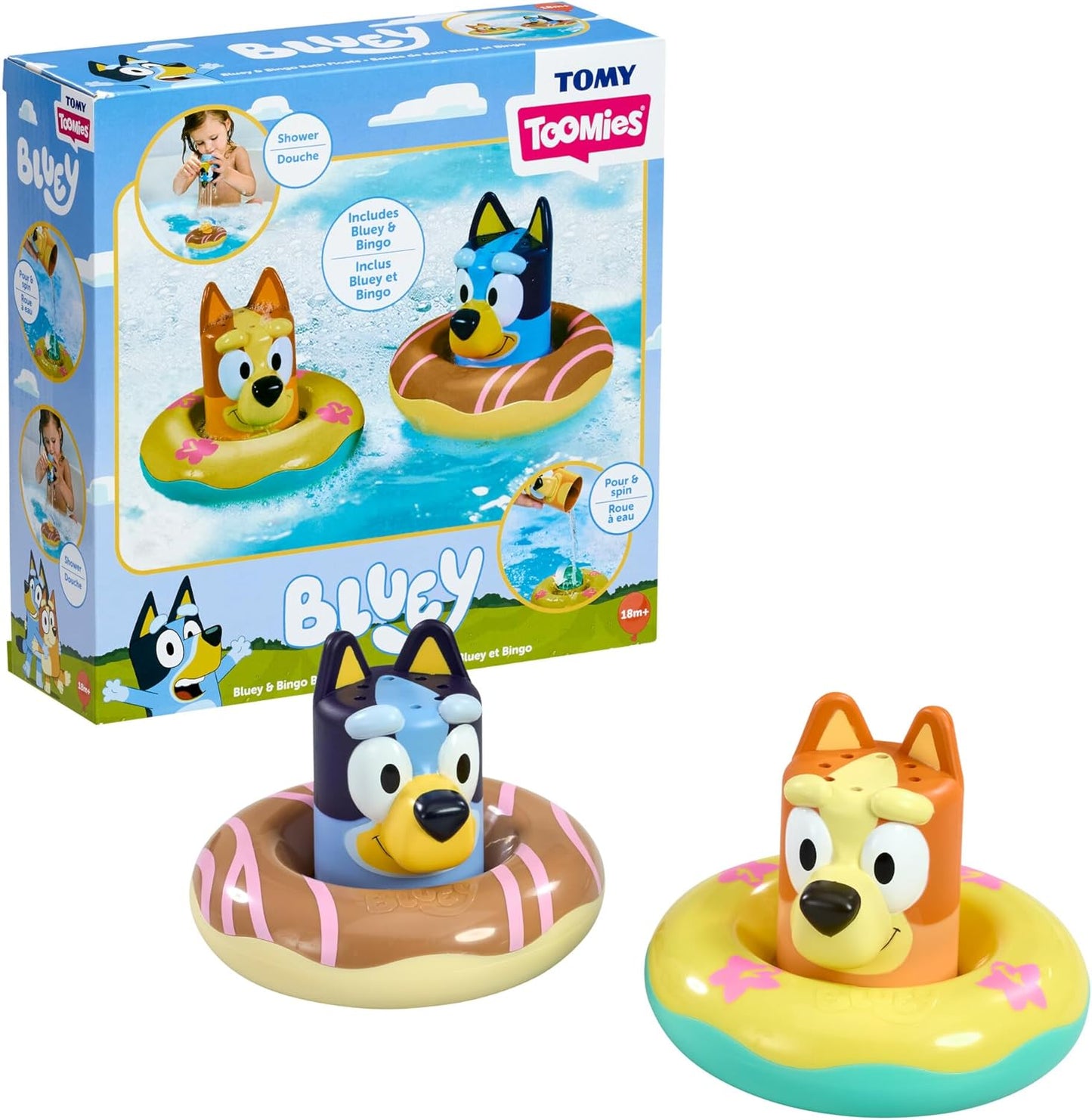 TOMY Toomies Bluey Bath Toys - Bluey's Family Pourers - Includes Chilli, Bandit, Bingo and Bluey Figures - Nesting and Stacking Cups for Bath, Beach or Pool - 4 Count - Ages 18 Months and Up