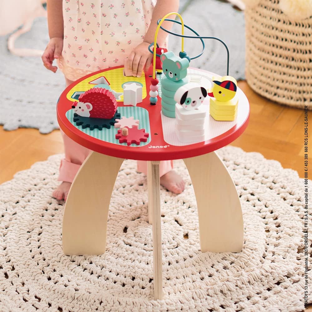Janod - Baby Forest Wooden Activity Table 23.2" Tall - Assembling Table for Children's Activities - Vibrant Colors - Multi-Activity Play, Develops Dexterity, French Design