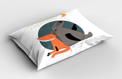 Ambesonne I Love You Pillow Sham, Bear and Fox in Love Counting Stars at Night Animal Birthday Print, Decorative Standard Queen Size Printed Pillowcase, 30" X 20", Orange Slate Blue Grey