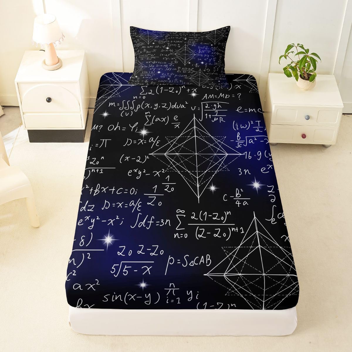 Erosebridal Chemistry Lab Fitted Sheet Twin Size Chemical Equation Bed Sheets for Boys Girls Chemical Elements Science Theme Bed Set Teens Kids Science Students Bedding Set School Dorm Room Decor
