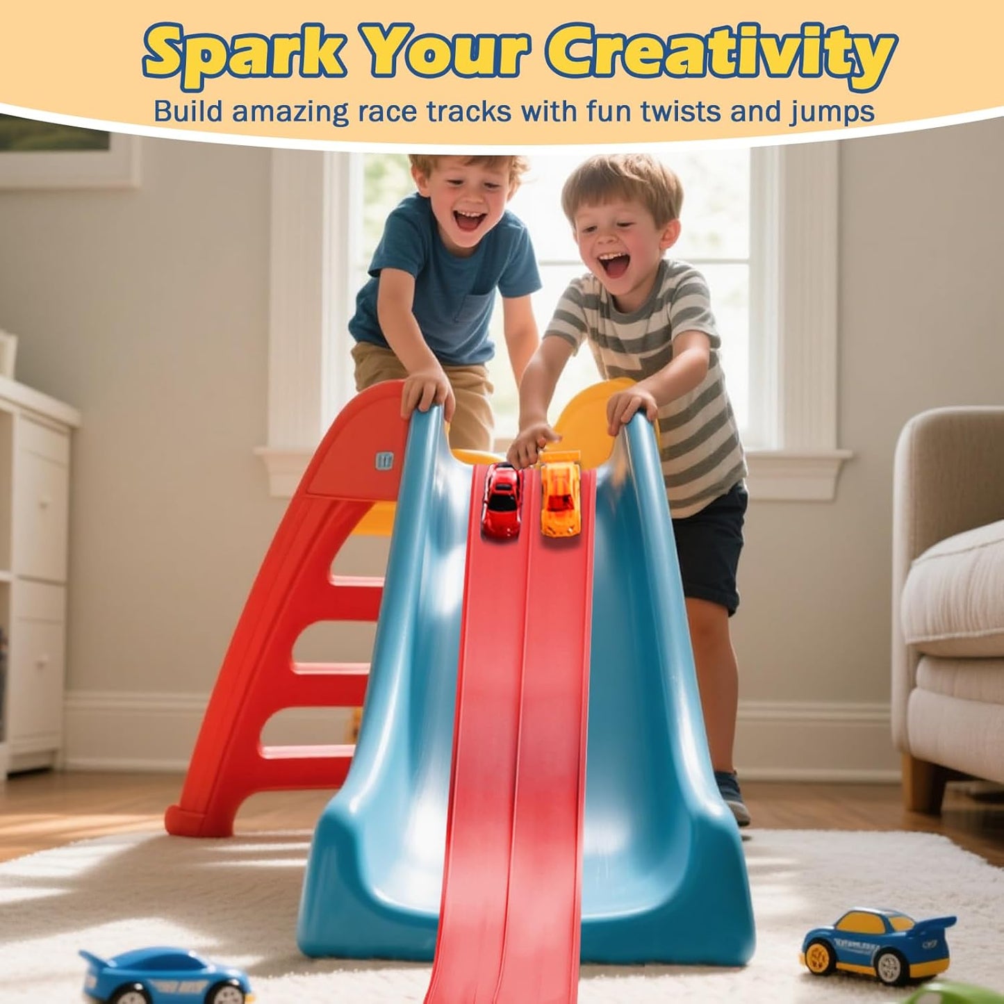 Flex Tracks 15 Ft Starter Set Flexible Race Track for Kids 3+, Flexible Car Track Race Car Ramp Track Compatible with Diecast 1/64th Cars, Portable Rolls Up Race Tracks with Strong Suction Cups