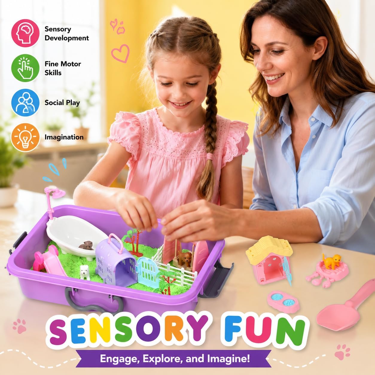 Carolart Pet Sensory bin,Dog and Cat Sandbox for Kids,Kids Play Sand Kit,Pet Play Set with Sensory Sand,Pet Care Play Set,Role Pretend Play Beach Toy Birthday Gift for Girls Boys 3 4 5 6 Years Old