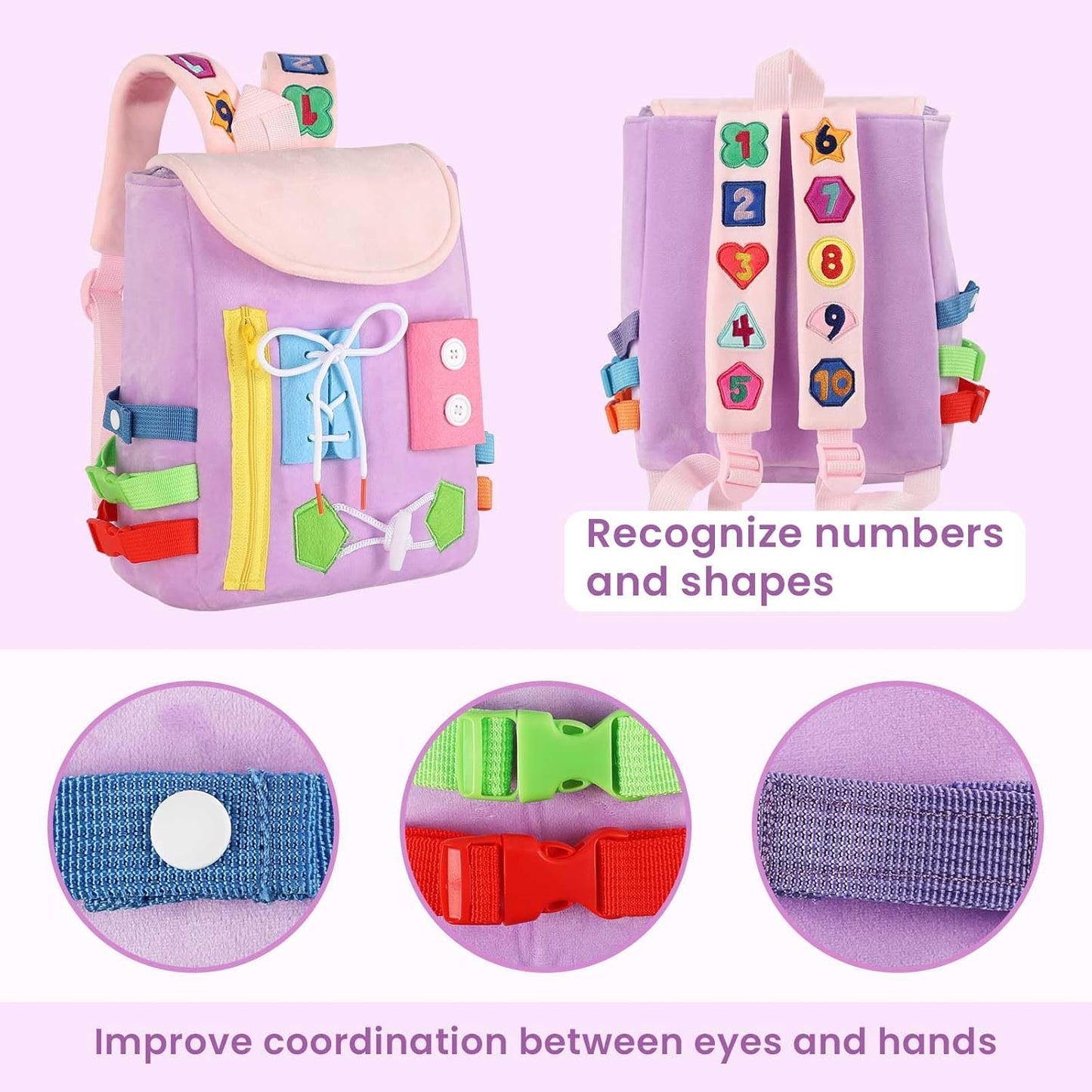 Busy Board - Toddler Backpack with Buckles and Learning Activity Toys - Develop Fine Motor Skills and Basic Life Skills - Learn to Tie Shoes - Children's Travel Toy