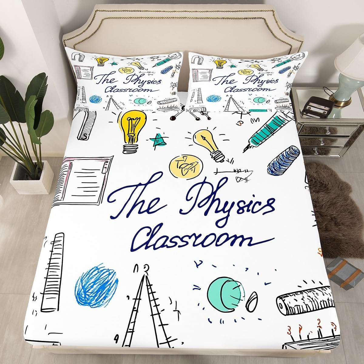 Erosebridal Science Theme Bed Sheets Set Full Size for Boys Girls Chemistry Periodic Table Print Sheet Set Chemical Subject Theme Sheets Teens Kids Math Science Atyle Fitted Sheet 4 Pcs