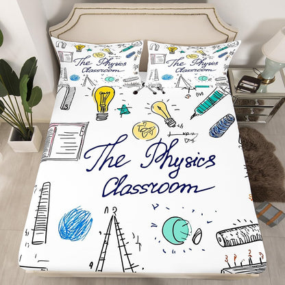 Erosebridal Science Theme Bed Sheets Set Full Size for Boys Girls Chemistry Periodic Table Print Sheet Set Chemical Subject Theme Sheets Teens Kids Math Science Atyle Fitted Sheet 4 Pcs
