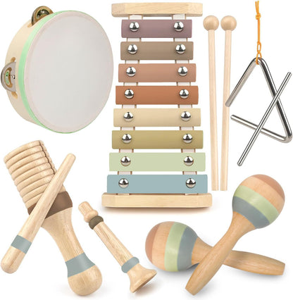 Stoie's Wooden Toddler Musical Instruments with Drum, Hand Bells, Flute, Maracas, Castanet, Tamburine, for Babies and Kids, Eco Friendly Montessori Educational Toy