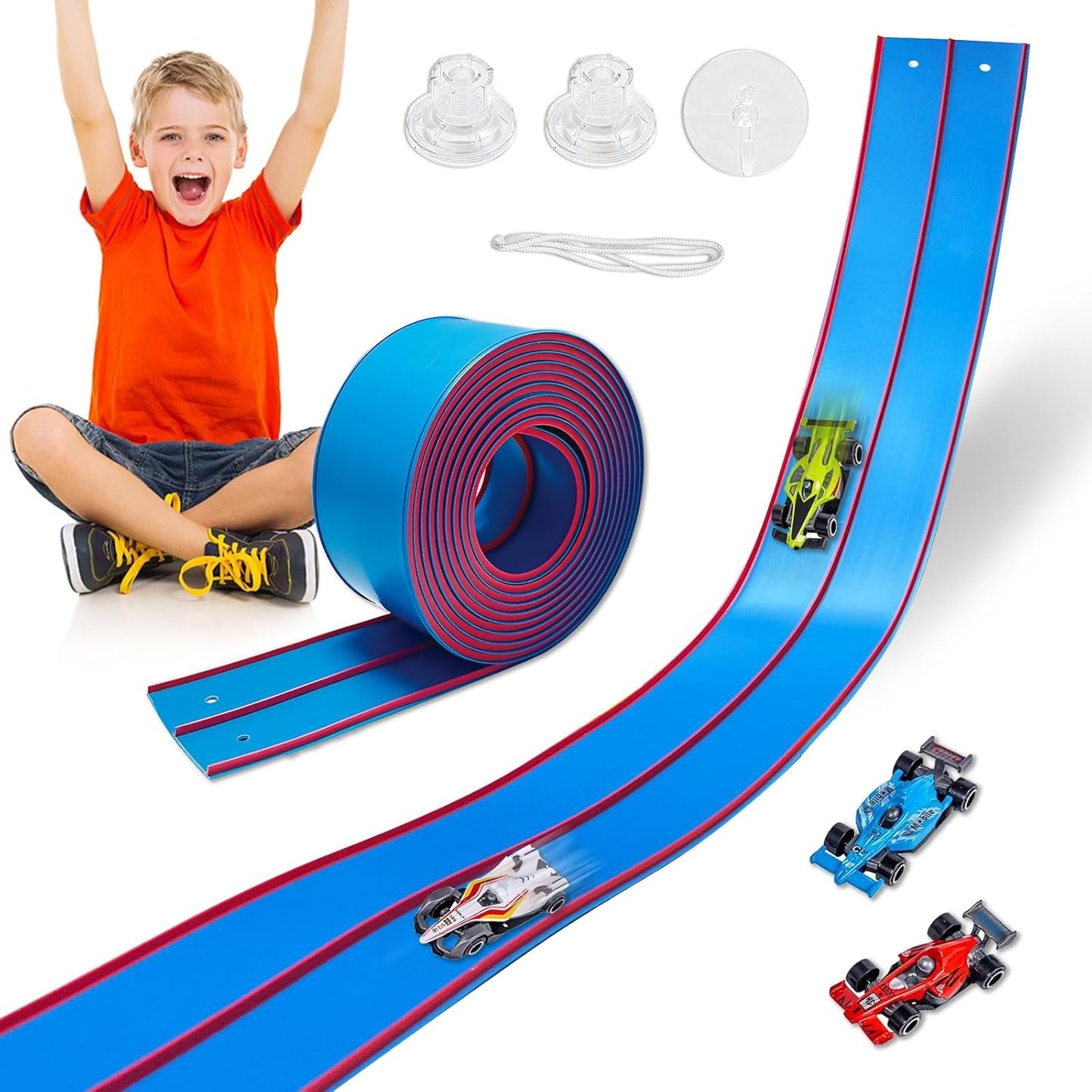 Flexible Race Track Toys for Kids, 15 Ft Double Lane Racetrack with 4 Cars & Suction Cups, Compatible with Hot Wheels & 1/64 Diecast Cars, Portable Roll Up Car Ramp Track Set for Ages 3+(Yellow&Blue)