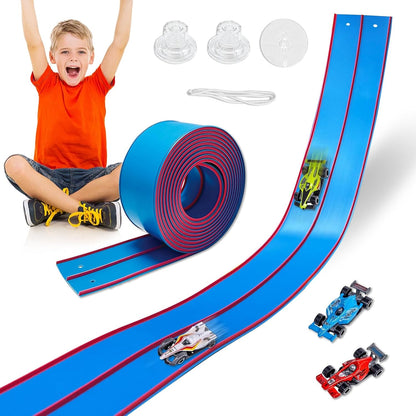 Flexible Race Track Toys for Kids, 15 Ft Double Lane Racetrack with 4 Cars & Suction Cups, Compatible with Hot Wheels & 1/64 Diecast Cars, Portable Roll Up Car Ramp Track Set for Ages 3+(Yellow&Blue)