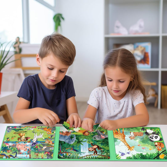 Magnetic Puzzles for Toddlers 3-5, 75-Pieces Travel Toys, Animal Jungle Puzzles Ages 4-6, Educational Learning Magnets, Road Car Trip & Airplane Activities Toys for 3 4 5 6 7 Girls Boys Gift