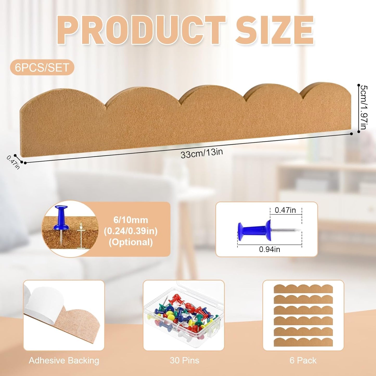 6 Pack Felt Pin Board Bar Strips,Scalloped Bulletin Board for Office Classroom Wall Decoration,Self Adhesive Cork Board Strips with 30 Push Pins for Hanging Photos,Notes,Schedules