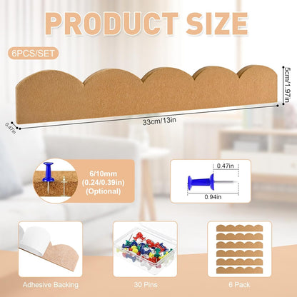 6 Pack Felt Pin Board Bar Strips,Scalloped Bulletin Board for Office Classroom Wall Decoration,Self Adhesive Cork Board Strips with 30 Push Pins for Hanging Photos,Notes,Schedules