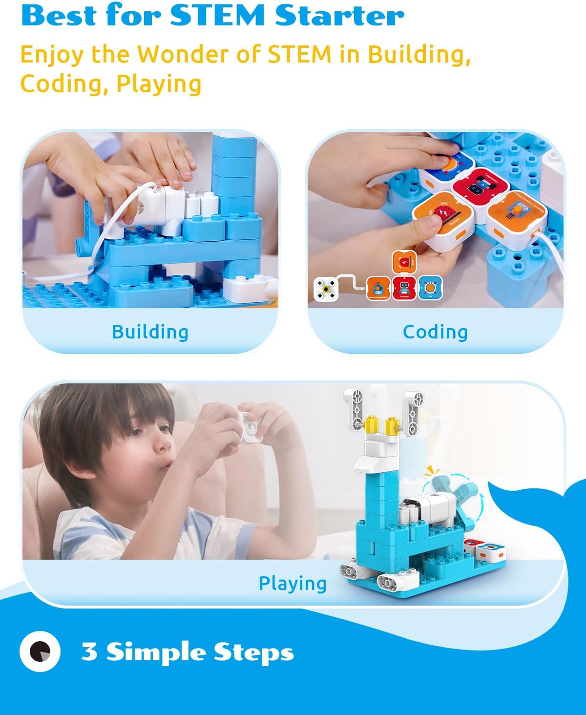 WhalesBot A1 Coding Toy for Kids, Building Block Robot, Fun STEM Toy with Magnetic Controller and Sensor Blocks, Screen-Free Coding with 3 Guide Books for Kids 3-6