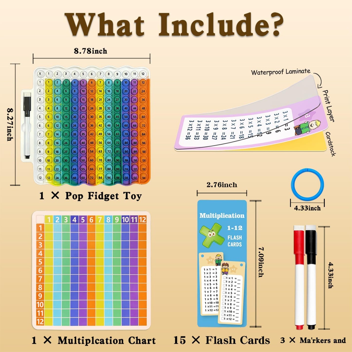 Multiplication Flash Cards + Pop Fidget Multiplication Chart, Times Table Educational Flashcard 3rd Grade, 4th, 5th, 6th Grade