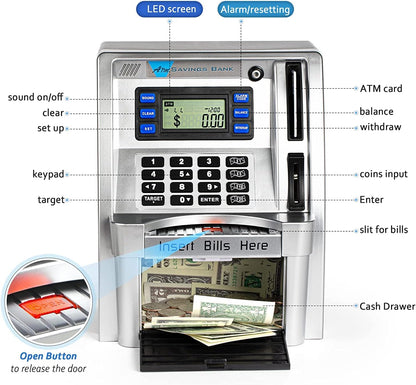 BKstar Kids Talking ATM Piggy Bank for Real Money with Dual Debit Cards, Power-Off Memory, Auto-Opening Drawer, Onekey Shutdown, Bill Feeder, Coin Recognition, Balance Calculator Machine