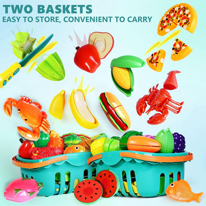 100 Pcs Play Food Set for Kids Kitchen, Pretend Food Toy for Toddlers Age 1-3, Plastics Cutting Fake Food/ Fruit/ Vegetable Accessories with 2 Baskets, Birthday Gifts for 2 3 4 5 Years Old Boys Girls
