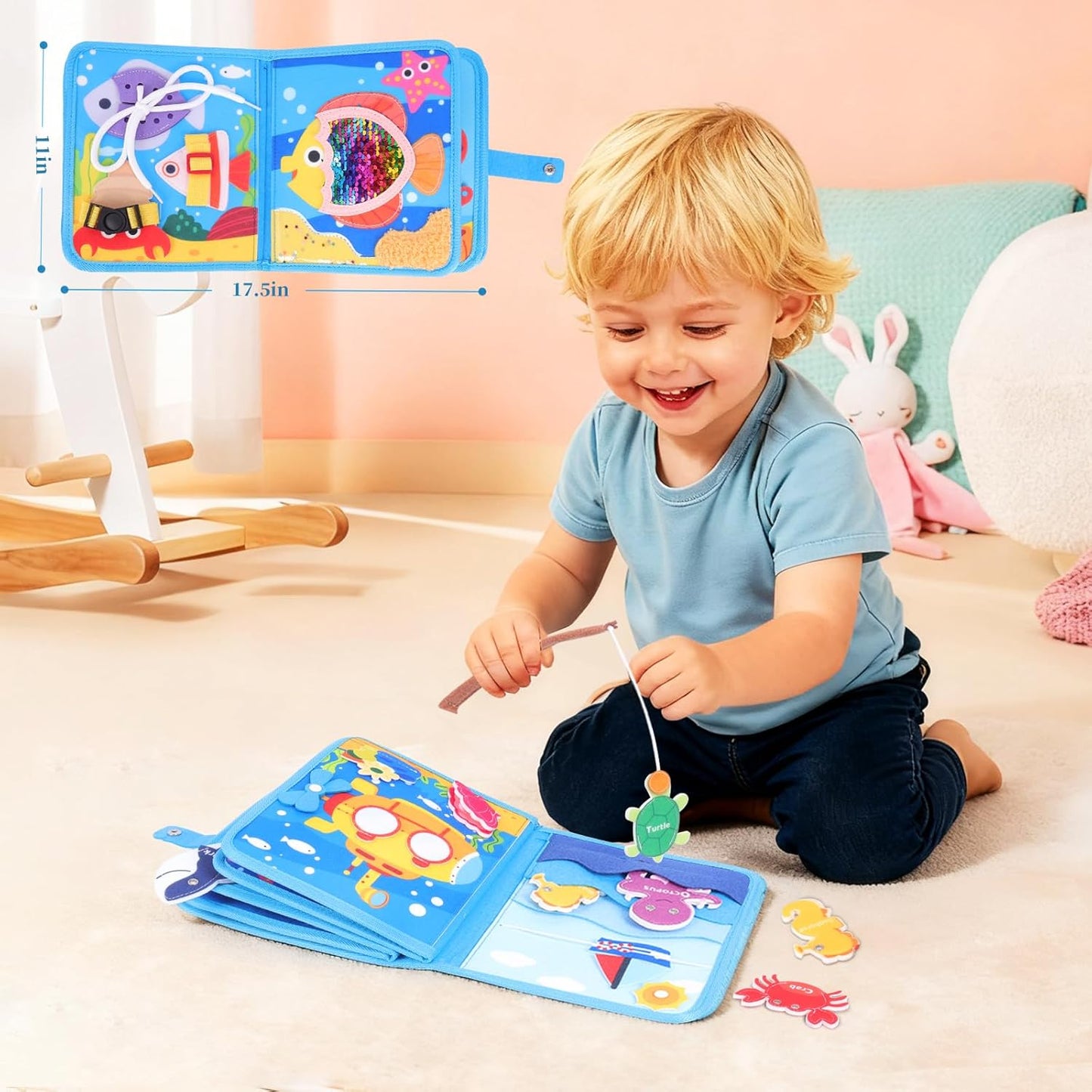 Ocean Busy Book for Toddlers 1-3, Montessori Quiet Book with 20 Activities, Travel Toy for Fine Motor Learning, Gift for Boys Girls