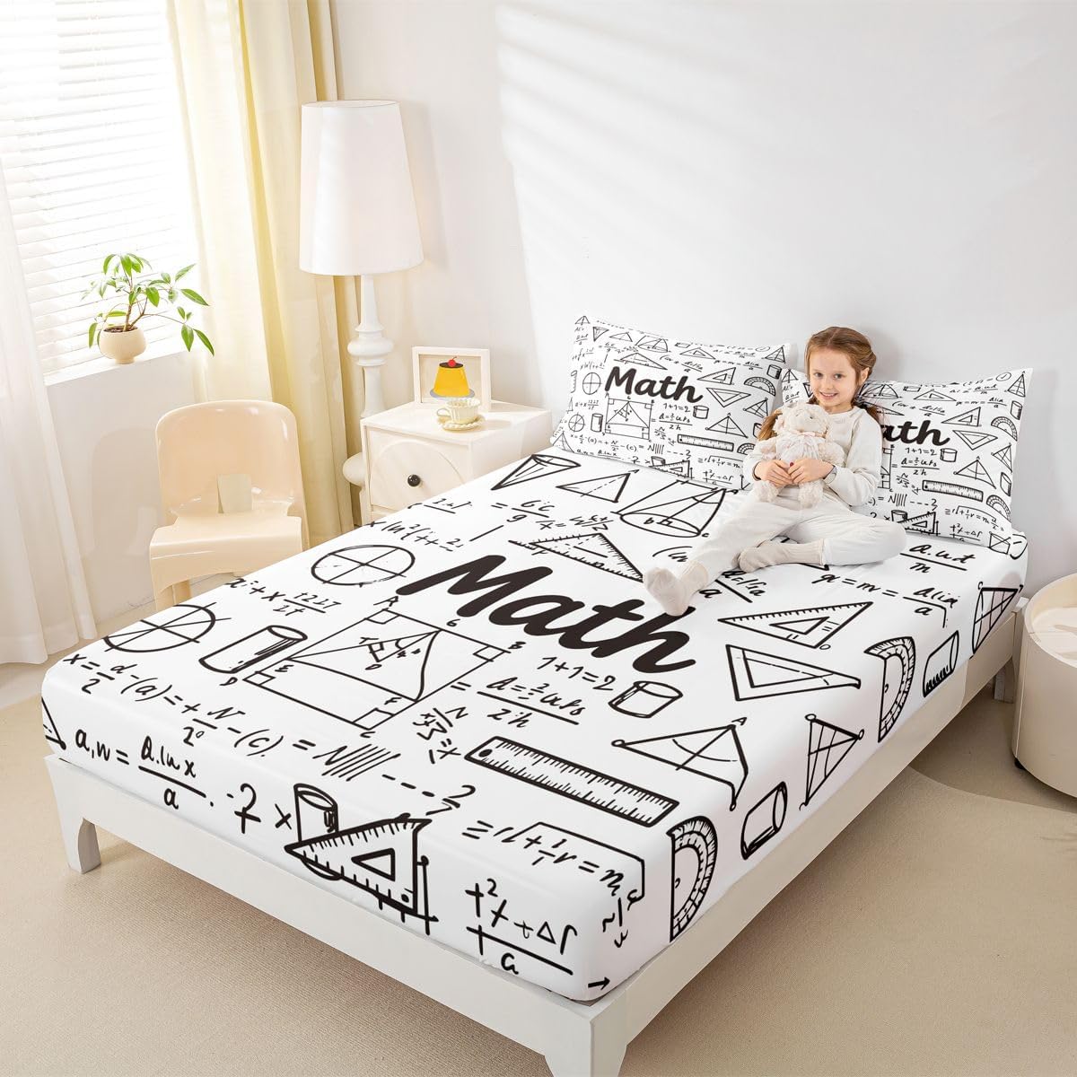 Erosebridal Science Theme Bed Sheets Set Full Size for Boys Girls Chemistry Periodic Table Print Sheet Set Chemical Subject Theme Sheets Teens Kids Math Science Atyle Fitted Sheet 4 Pcs